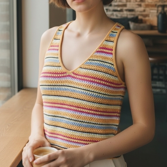 bobi Tops - bobi BLACK Multicolored Striped Crochet Halter Top M Boho Grandmacore